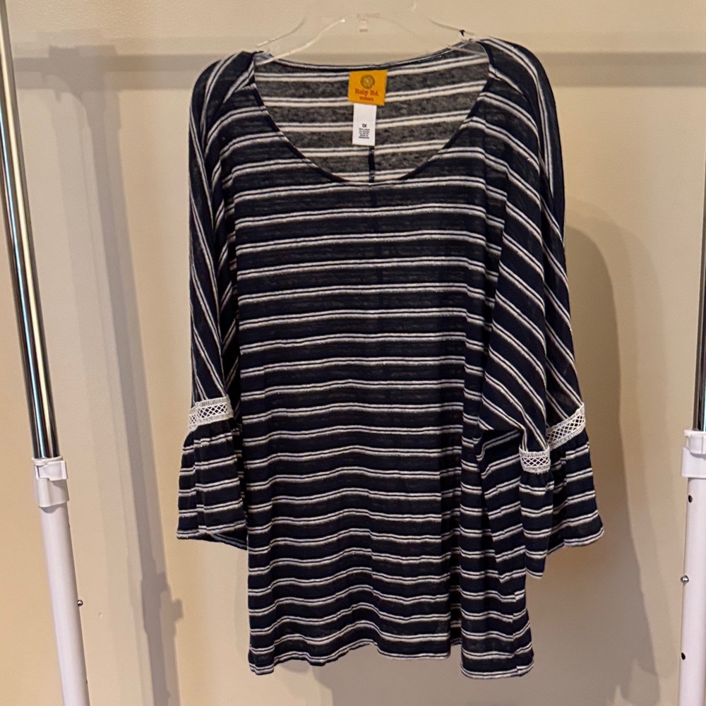 Ruby Rd. Navy and White Striped Blouse with Lace Trim F26